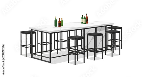 Sophisticated bar setup with marble countertop and modern black stools