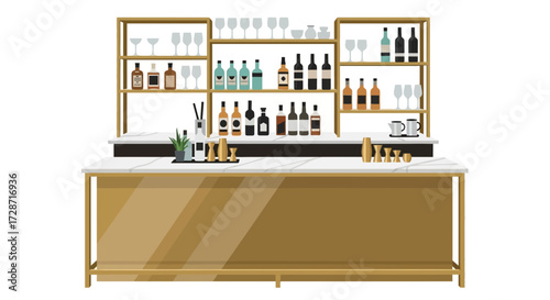 Sophisticated bar setup with glassware, bottles, and elegant counter design