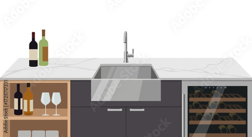 Stylish Kitchen Countertop with Wine Display and Modern Sink Design