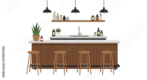 Stylish interior design featuring a bar with plants and wood textures