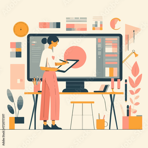 Female Designer Reviewing UI at Large Monitor — Creative Studio Interior (Vector)