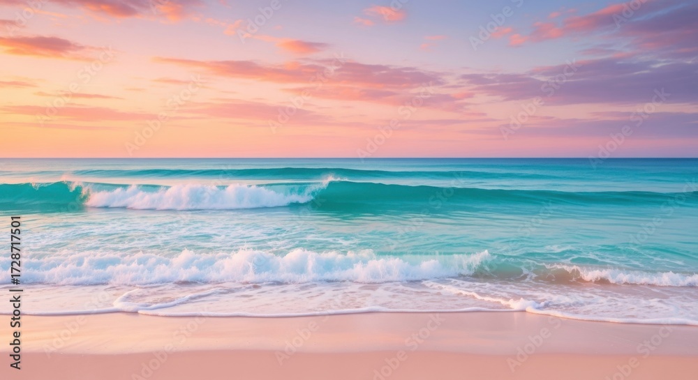 Fototapeta premium Serene beach sunset with gentle waves and colorful sky over the ocean