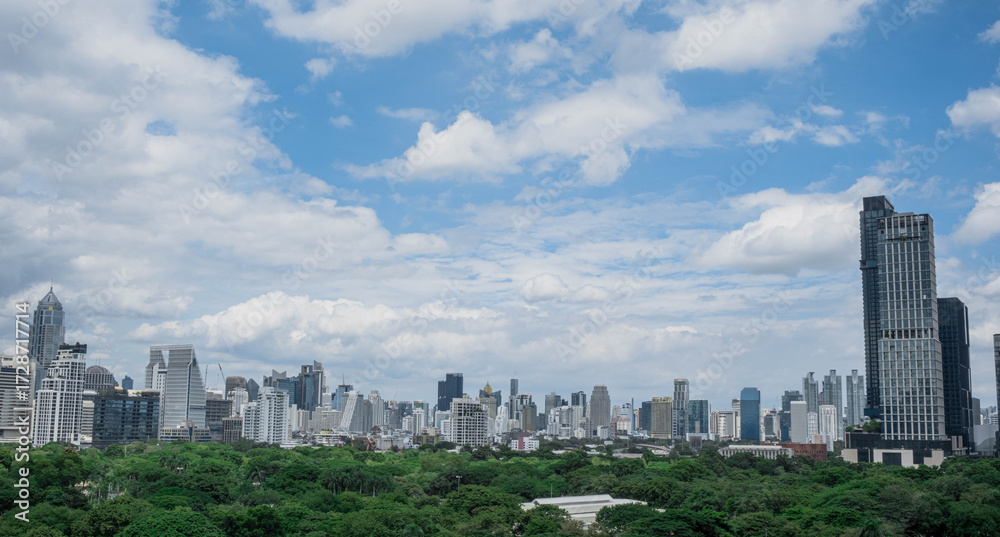 Fototapeta premium Angle view of buildings in cityscape tower in Bangkok city in Asia Thailand
