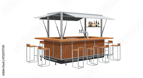 Stylized Bar Setup with Stools and Bottles Display on White Background