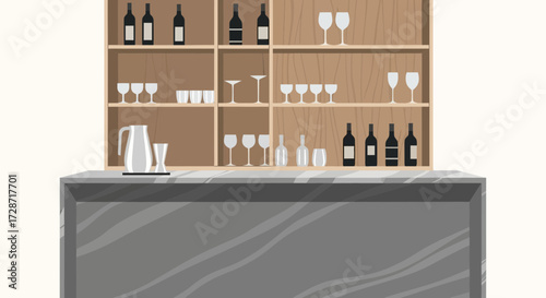 Stylized bar setup with shelves of glassware and bottles illustration