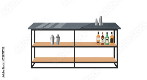 Stylized bar with bottles and accessories displayed on a multi level rack