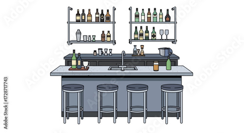 Stylized bar with stools and shelves stocked with liquor bottles setup