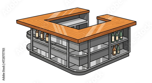 Stylized illustration of a bar counter featuring wooden texture and shelves