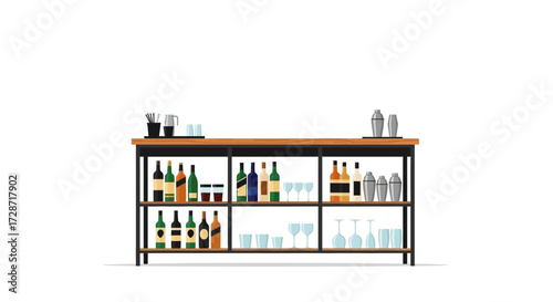 Stylized illustration of a well-stocked bar shelf with drinks and glassware