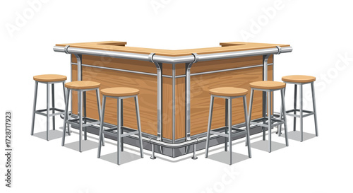 Stylized illustration of a wooden bar counter with surrounding stools