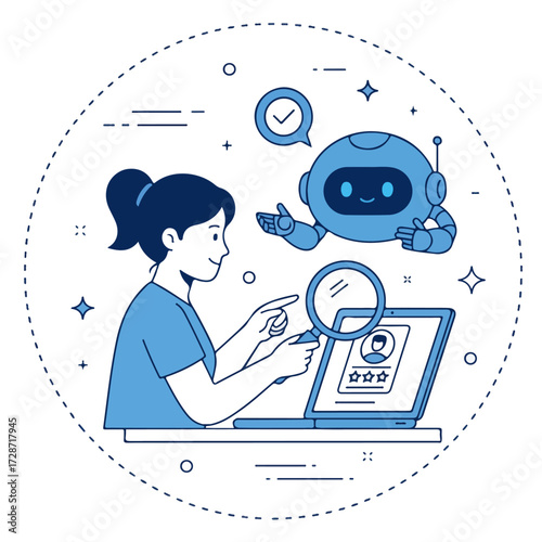 Hiring set. Character and intelligence robot working together. Business recruitment process, job searching, employee evaluation concept. Vector illustration.
