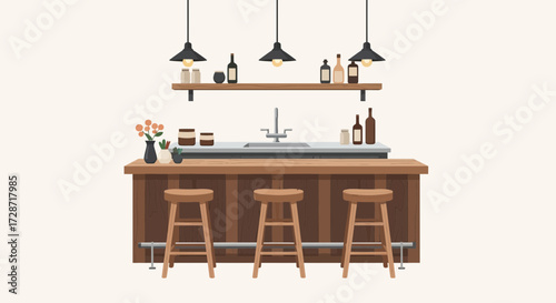 Stylized indoor home bar setup with three stools and hanging lamps