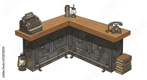 Stylized vintage bar counter featuring retro equipment and decorative details