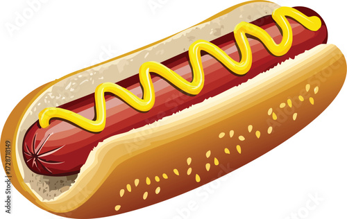 A classic American hot dog in a bun with yellow mustard. An isolated vector illustration of popular fast food. Generative AI