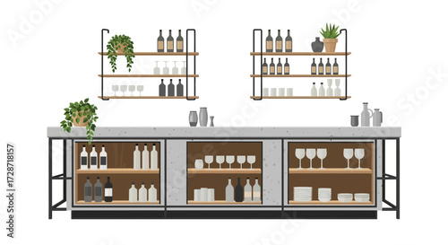 Trendy bar interior setup featuring bottles, glasses, and decorative plants