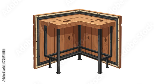 Unique corner bar cabinet design with sturdy metal frame and textured wood
