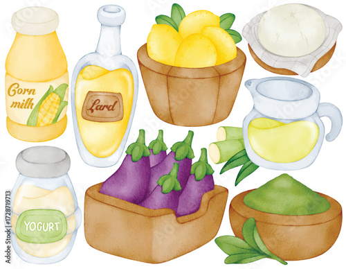 Watercolor Farm Produce Set Corn Milk Yogurt Cheese Lard Potato Eggplant Sugarcane Juice Green Tea Illustration