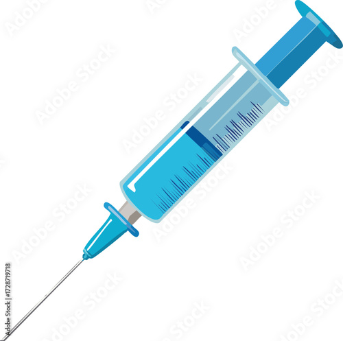 A medical syringe with a needle, filled with a blue liquid. An isolated vector illustration for concepts of vaccination, medicine, and healthcare. Generative AI