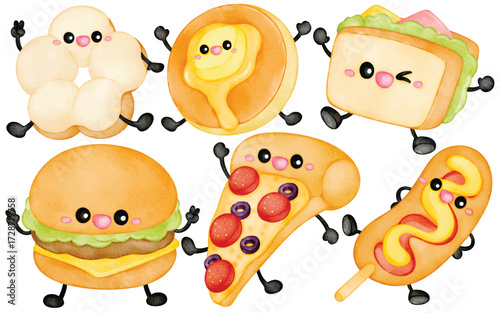 Watercolor Cute Fast Food Clip Art Set Hand Painted Burger Pizza Slice Sandwich Hotdog Corn Dog Pancake Bread Bun Snack Illustration Cartoon Character Kawaii Food Design