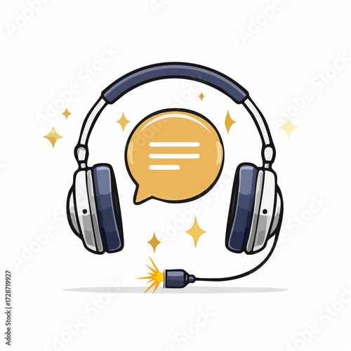 Modern headset with a microphone and speech bubble icon, sparkling with stars, representing audio communication and customer service.