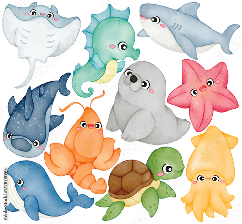 Watercolor cartoon sea animal set with shark whale dolphin stingray seahorse seal turtle lobster squid starfish and cute marine creature in pastel color illustration
