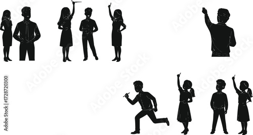 Silhouette illustration of teacher and students in classroom, asking questions, raising hands, education learning activity, school and academic concept.