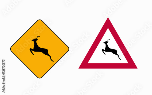 Vector art of deer crossing warning signs a yellow diamond and a red triangle show a deer jumping, indicating a wildlife crossing ahead on the road