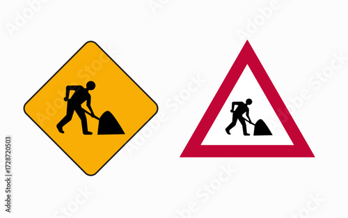 Vector art of road work ahead sign two road signs, one yellow diamond and one red triangle, both depicting a man digging, warning drivers of road work