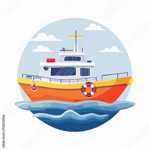 Colorful fishing trawler boat with a small flag sailing on the ocean waves, isolated nautical vector art