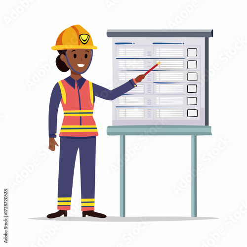 A female engineer in a safety vest and hard hat giving a presentation, using a pointer to flag checklist items on a board, an isolated vector illustration