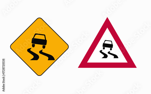 Vector art of slippery road sign warns drivers to be cautious of potentially hazardous road conditions due to reduced traction and increased risk of skidding