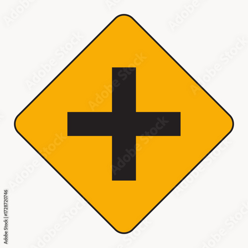 Vector art of a yellow square warning sign with a black cross, indicating an intersection ahead, alerting drivers to prepare for crossing traffic