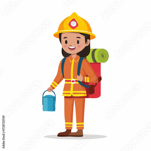 Cheerful woman firefighter in professional uniform and helmet, a vector illustration perfect for a safety campaign flag or banner design