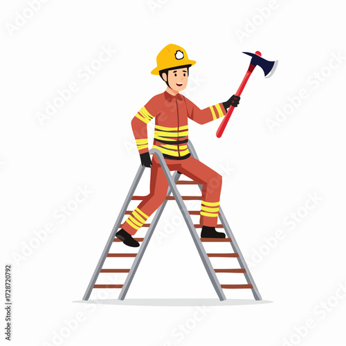 A Brave Firefighter in Uniform Climbs a Ladder, Holding an Axe A Vibrant Vector Illustration Flag