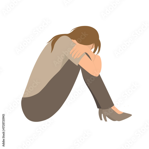 sad woman sitting on the floor with her head resting on her knees, expressing stress, depression, anxiety, or loneliness. Suitable for mental health, psychology, emotion, or social issue concepts.