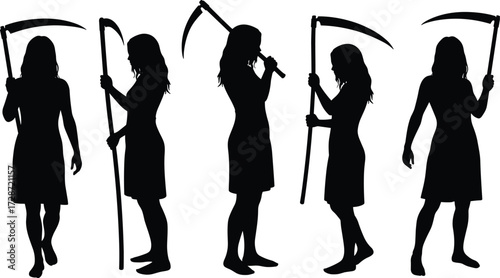 Silhouette vector illustration of girl holding scythe in standing poses, gothic dark art style, mysterious weapon concept artwork.