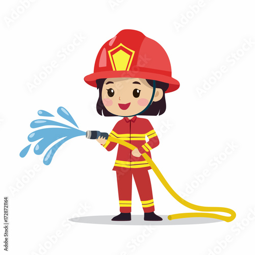 Brave little girl firefighter in uniform, a flag bearer for safety and courage, holding a water hose. Cute cartoon character rescue worker vector illustration