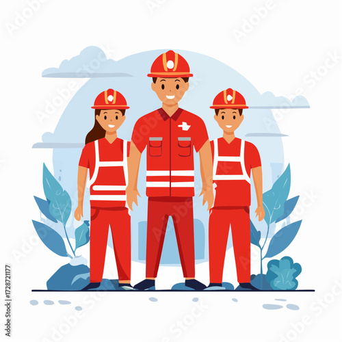 Professional team of emergency responders standing united, a symbolic representation of a safety flag in a clean vector illustration style