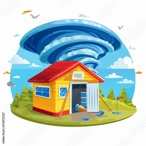 Devastating hurricane swirling above a suburban house with a golf flag, a dramatic weather disaster vector illustration concept