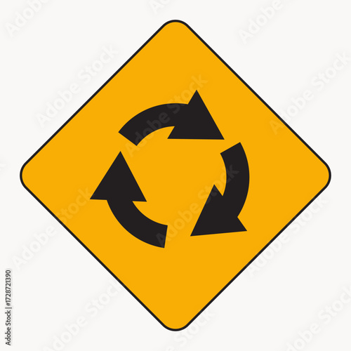 Vector art of yellow road sign warning of a roundabout ahead, instructing drivers to yield and merge safely into the circular intersection for efficient traffic flow