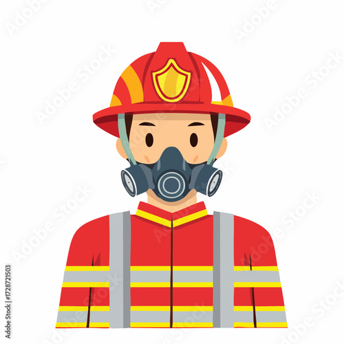 Cartoon Firefighter Vector Illustration with American Flag on Helmet in Red Suit, Safety Gear