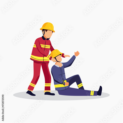 Firefighter helping an injured comrade to stand up, vector illustration, flat design, rescue concept