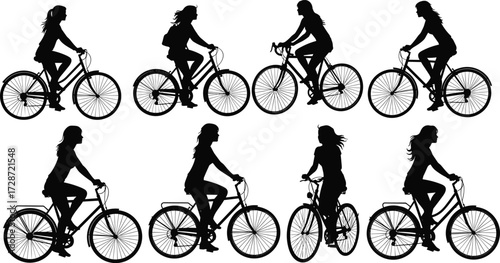 Silhouette vector illustration of girl riding bicycle in different poses, cycling activity, healthy lifestyle, outdoor transportation, fitness exercise concept.