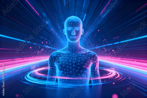 Digital human figure composed of a wireframe mesh, illuminated by neon blue and pink light beams in a futuristic space environment.