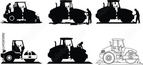 Silhouette vector illustration of road roller construction vehicle with worker, heavy equipment machinery, asphalt compaction, roadwork maintenance, civil engineering infrastructure, transport.