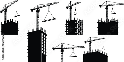 Silhouette vector illustration of tower cranes working on high rise construction buildings, lifting heavy materials, urban development, industrial machinery equipment.