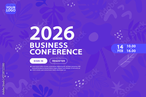 A modern business conference banner featuring a stylish abstract pattern of leaves and flowers. This creative template is perfect for a company event, seminar, or a professional website header.