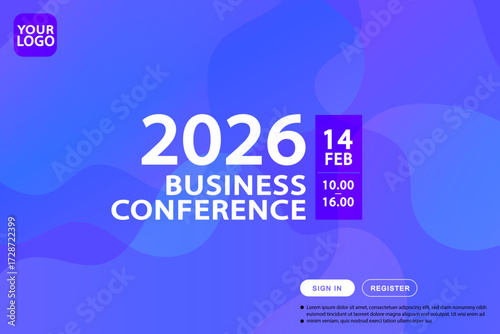Promote your next virtual summit or business conference with this professional landing page template. The fluid blue and purple background gives a modern feel ideal for an online event registration.