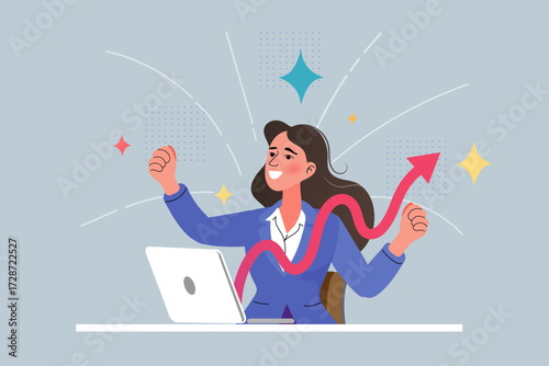 Achieve remarkable results and celebrate your business growth with this dynamic illustration. It perfectly visualizes success, showing a happy woman celebrating a soaring profit graph on her laptop.