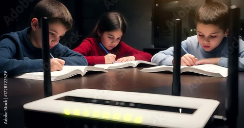 Connected Learning: Children Studying with High-Speed Internet Router in Focus